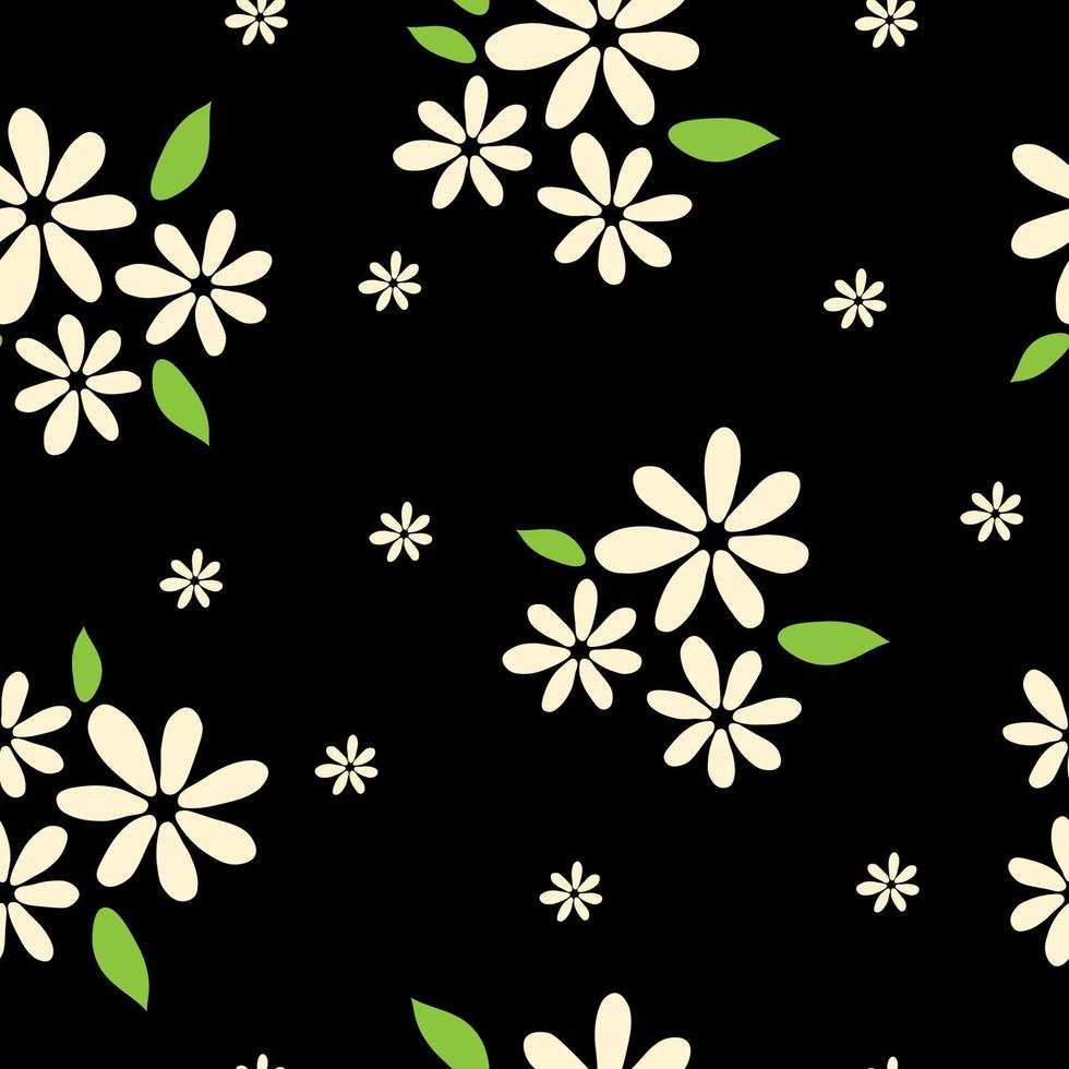 Floral seamless pattern. Botanical fabric print template. Vector illustration with white camomile flowers on black background.