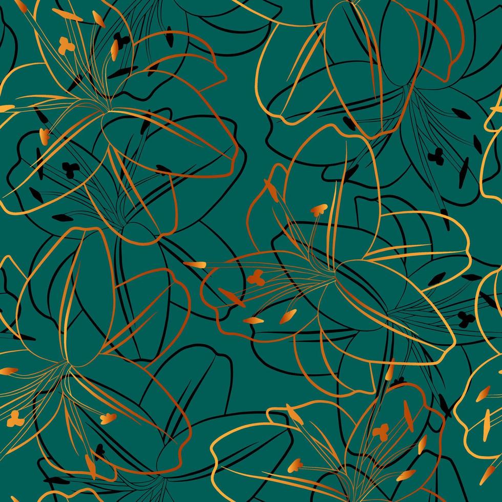 patrones sin fisuras florales. plantilla de impresión de tela botánica de lujo. ilustración vectorial con contorno de flores de lirio sobre fondo verde. vector