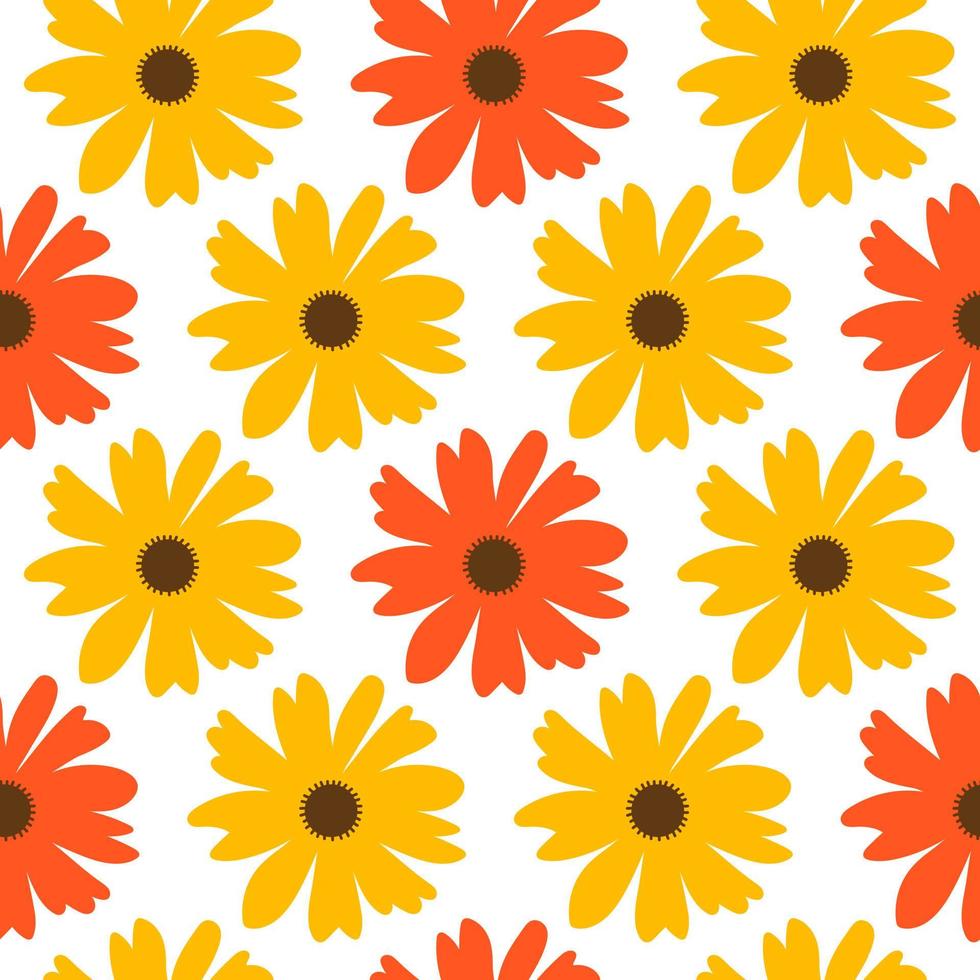 Floral seamless pattern. Botanical fabric print template. Vector illustration with orange camomile flowers.