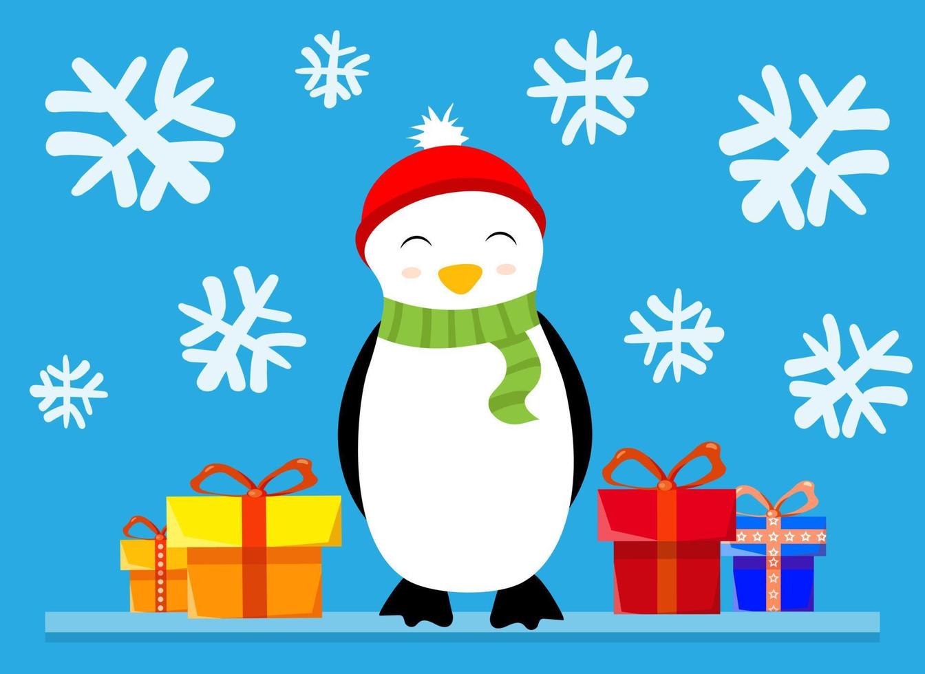 Vector cartoon Christmas holiday banner  with gift boxes and cute penguin. New year celebration greeting card template. Flat new year celebration with animal character design.