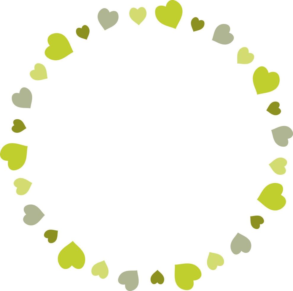 Round frame with green hearts on white background. Vector image.