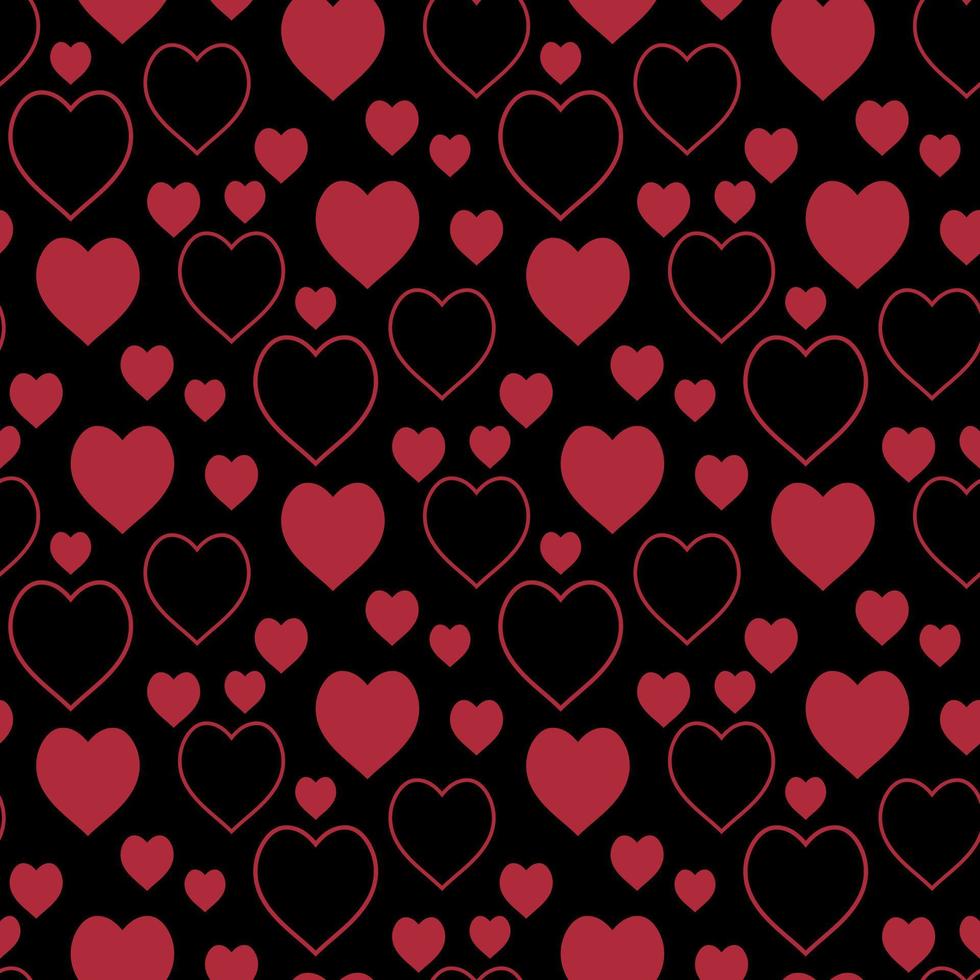 Seamless pattern with red hearts on black background. Vector image.