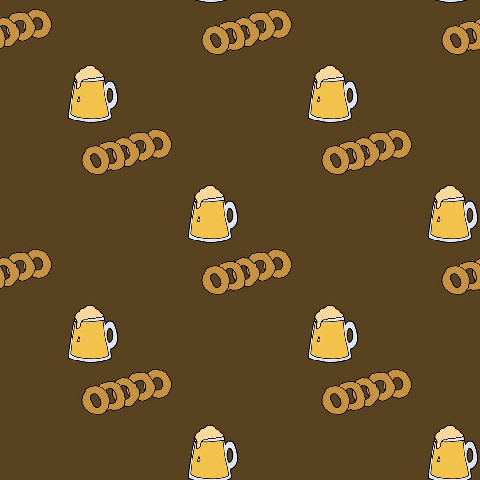 Seamless pattern with beer mug and onion rings on brown background. Vector image.