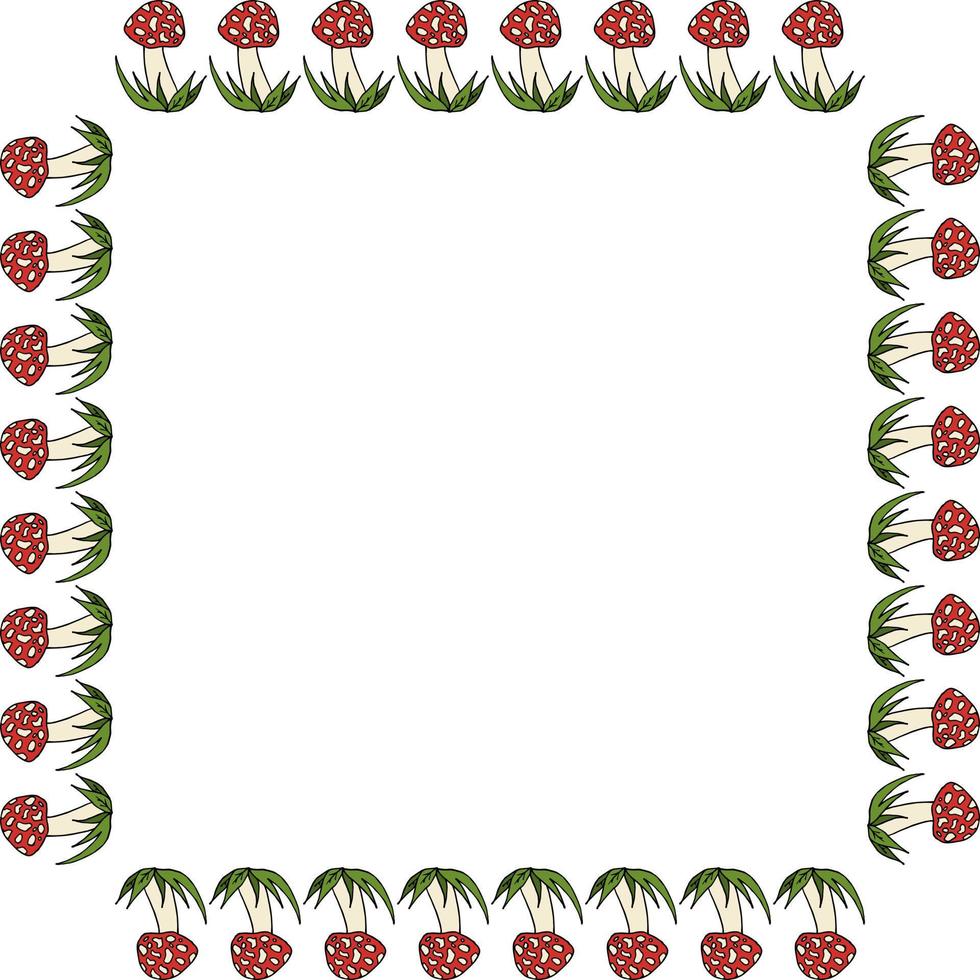Square frame with cute amanita muscaria on white background. Vector image.