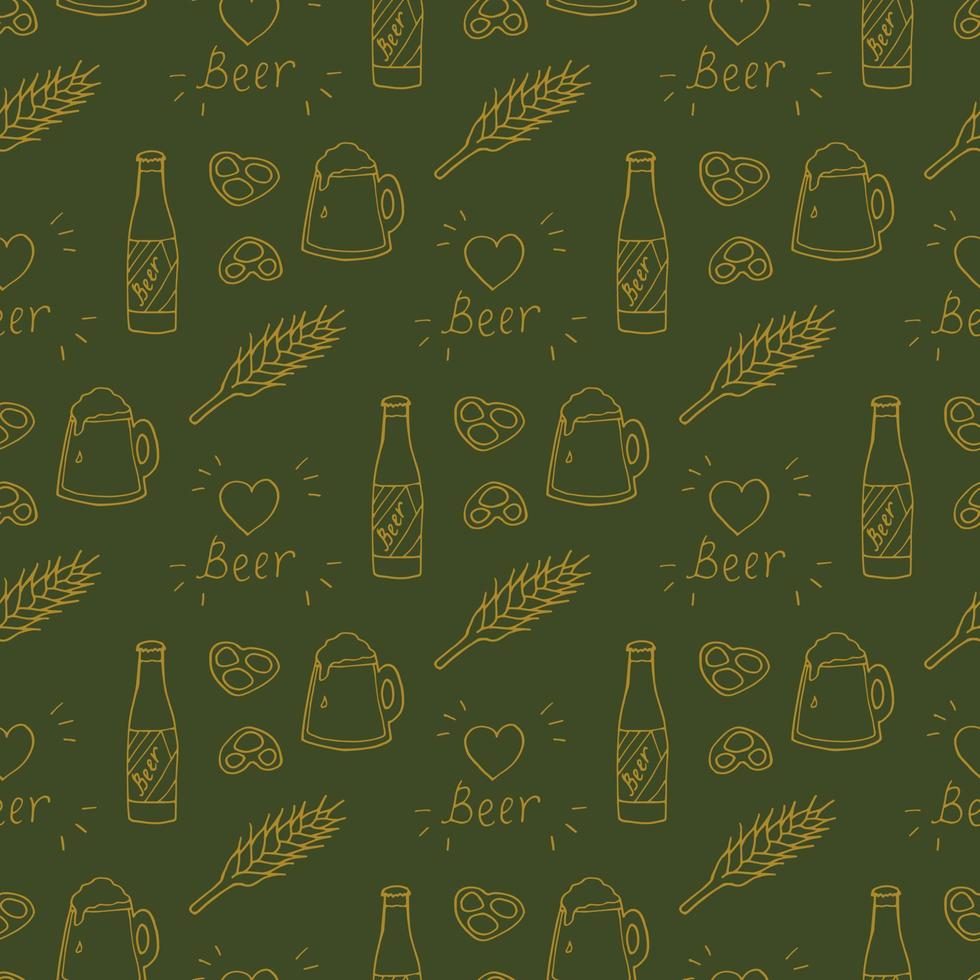 Seamless pattern with beer mugs and bottle and snacks on dark green background. Vector image.