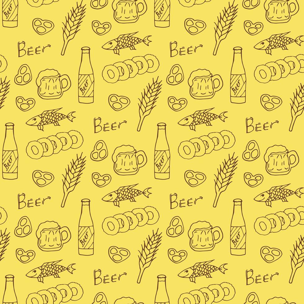 Seamless pattern with beer mugs and bottle and snacks on yellow background. Vector image.