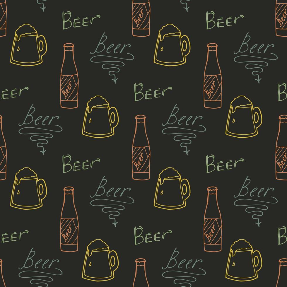 Seamless pattern with beer mugs and bottle on black background. Vector image.