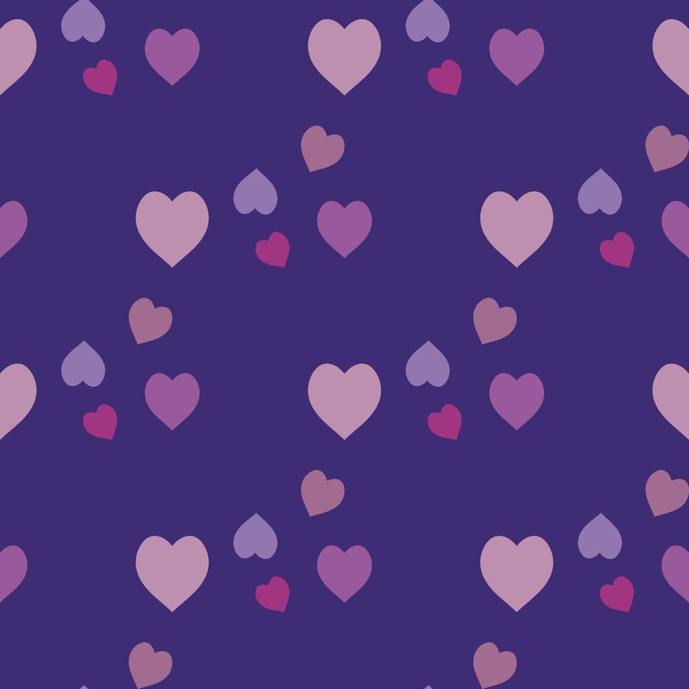 Seamless pattern with pink and lilac hearts on dark violet background. Vector image.