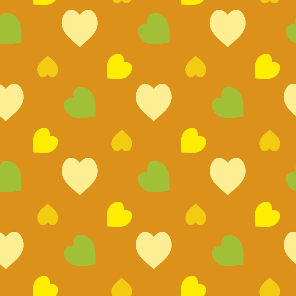 Seamless pattern with yellow and green hearts on orange background. Vector image.