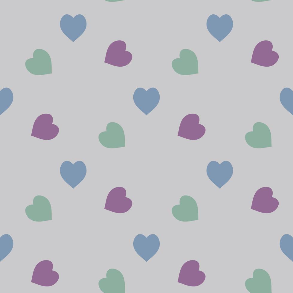 Seamless pattern with hearts in discreet blue, green and violet colors on light gray background. Vector image.