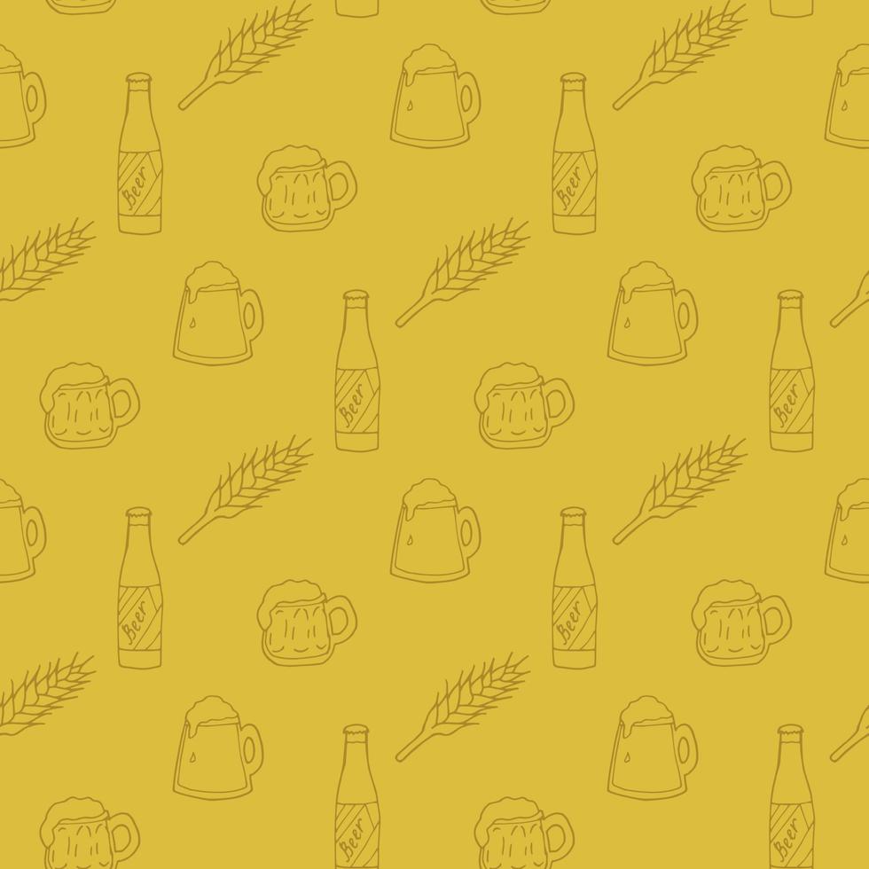 Seamless pattern with beer mugs and bottle on yellow background. Vector image.