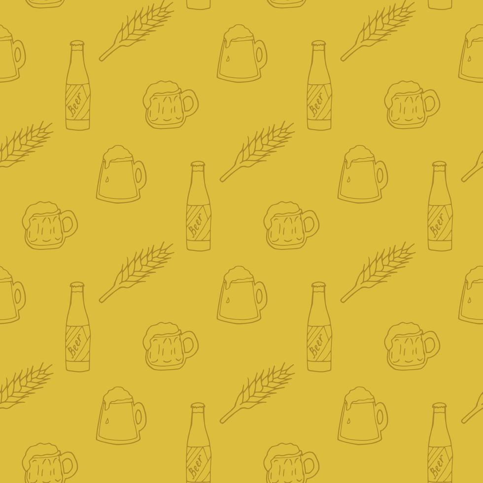 patrón sin costuras con jarras de cerveza y botella sobre fondo amarillo. imagen vectorial vector