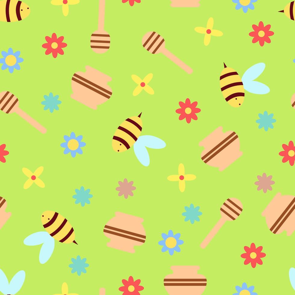 Seamless children's pattern on a green background. Bees, honey and honey pot, flowers vector