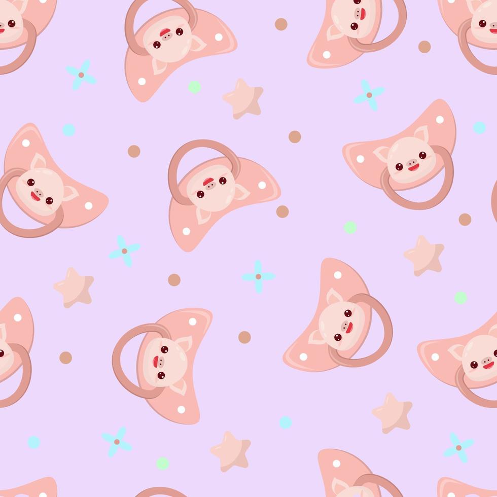 Seamless children's pattern on a purple background. A dummy with a pig. Pacifier for children vector