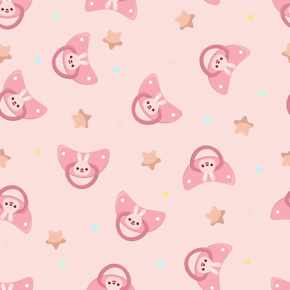 Seamless children's pattern on a pink background. A dummy with a rabbit. Pacifier for children vector
