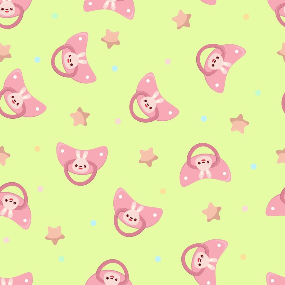 Seamless children's pattern on a green background. A dummy with a rabbit. Pacifier for children vector