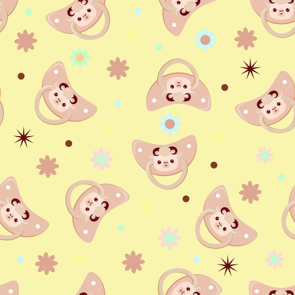 Seamless children's pattern on a yellow background. A dummy with a lamb. Pacifier for children vector