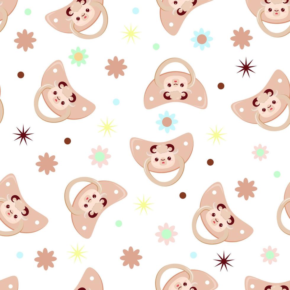 Seamless children's pattern on a white background. A dummy with a lamb. Pacifier for children vector