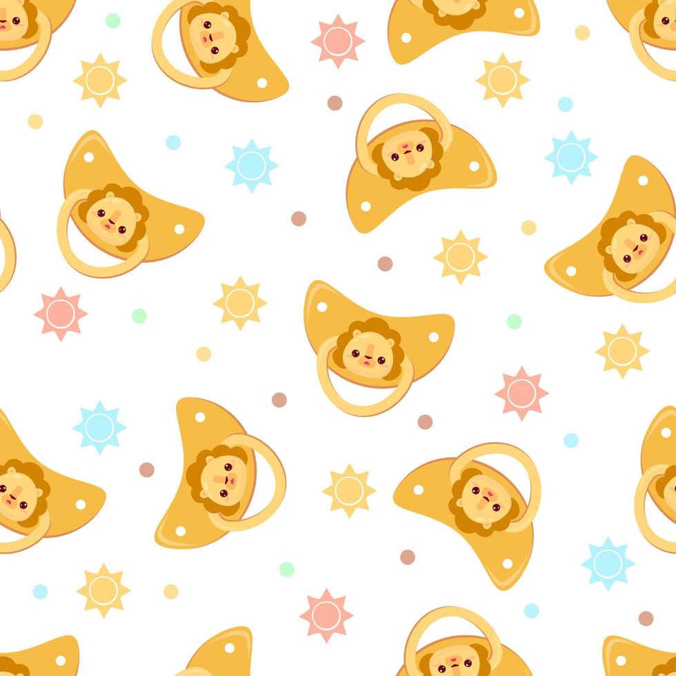 Seamless children's pattern on a white background. A dummy with a lion. Pacifier for children vector