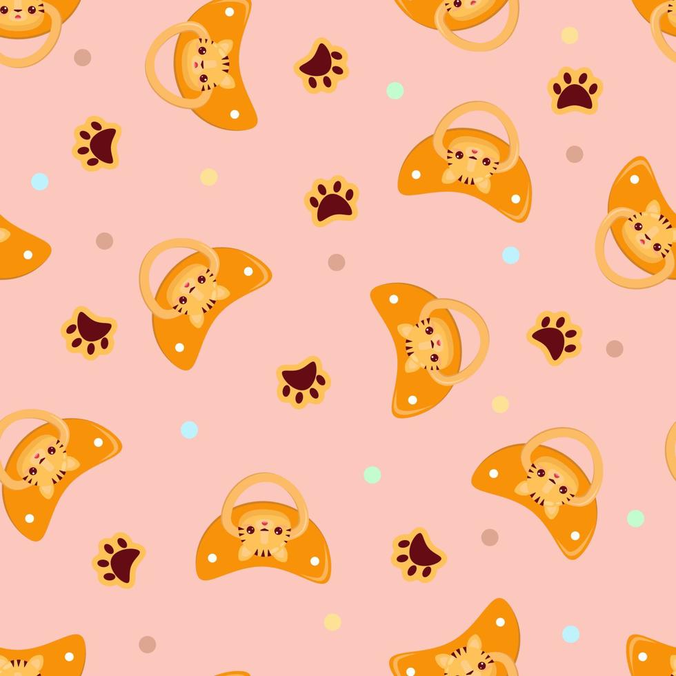 Seamless children's pattern on a pink background. A dummy with a tiger. Pacifier for children vector