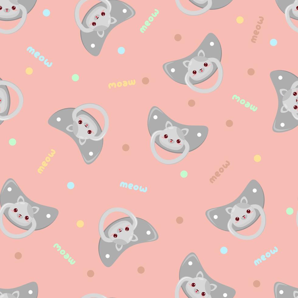 Seamless children's pattern on a pink background. A dummy with a cat. Pacifier for children vector