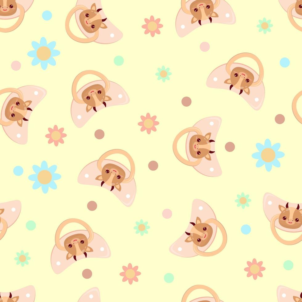 Seamless children's pattern on a yellow background. A dummy with a cow. Pacifier for children vector