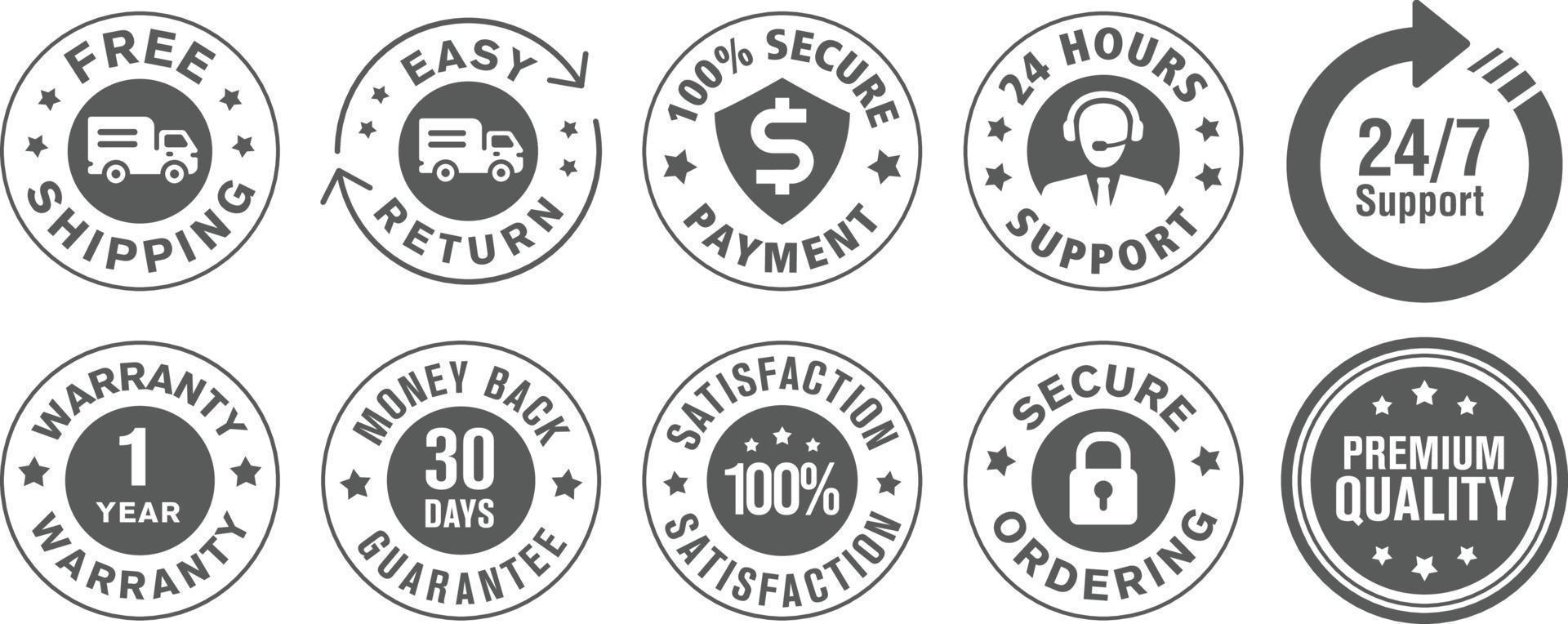 Collection of ecommerce security icon for free shipping, easy return, secure ordering etc. isolated on white background. vector