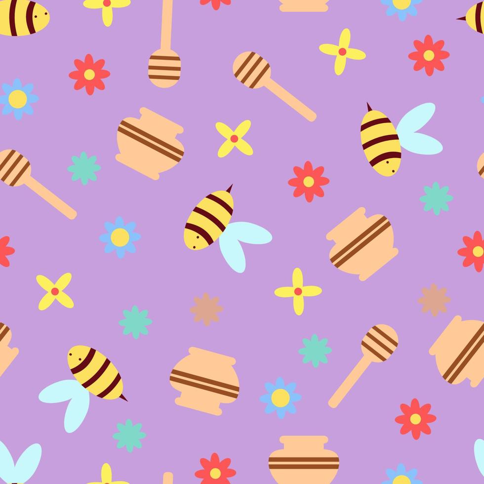 patrón infantil sin costuras sobre un fondo morado. abejas, miel y tarro de miel, flores vector