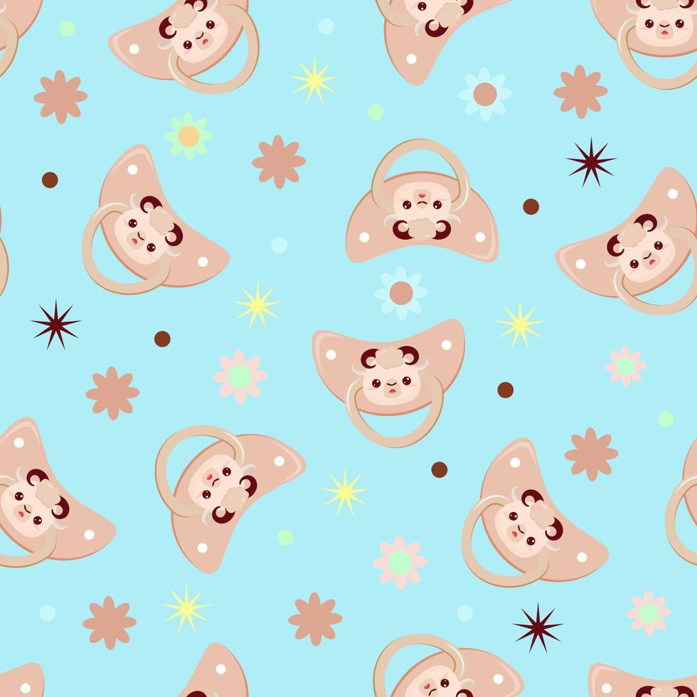 Seamless children's pattern on a blue background. A dummy with a lamb. Pacifier for children vector