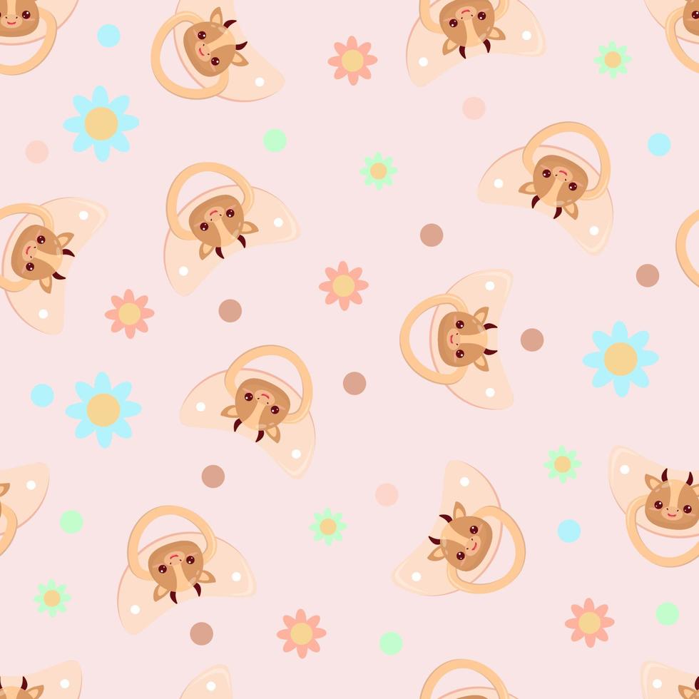 Seamless children's pattern on a pink background. A dummy with a cow. Pacifier for children vector