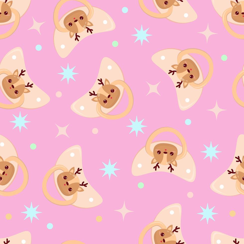 Seamless children's pattern on a pink background. A dummy with a deer. Pacifier for children vector