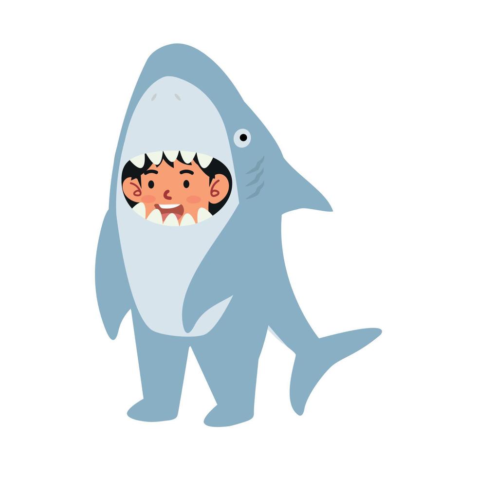 little kid characters in shark costume cartoon vector