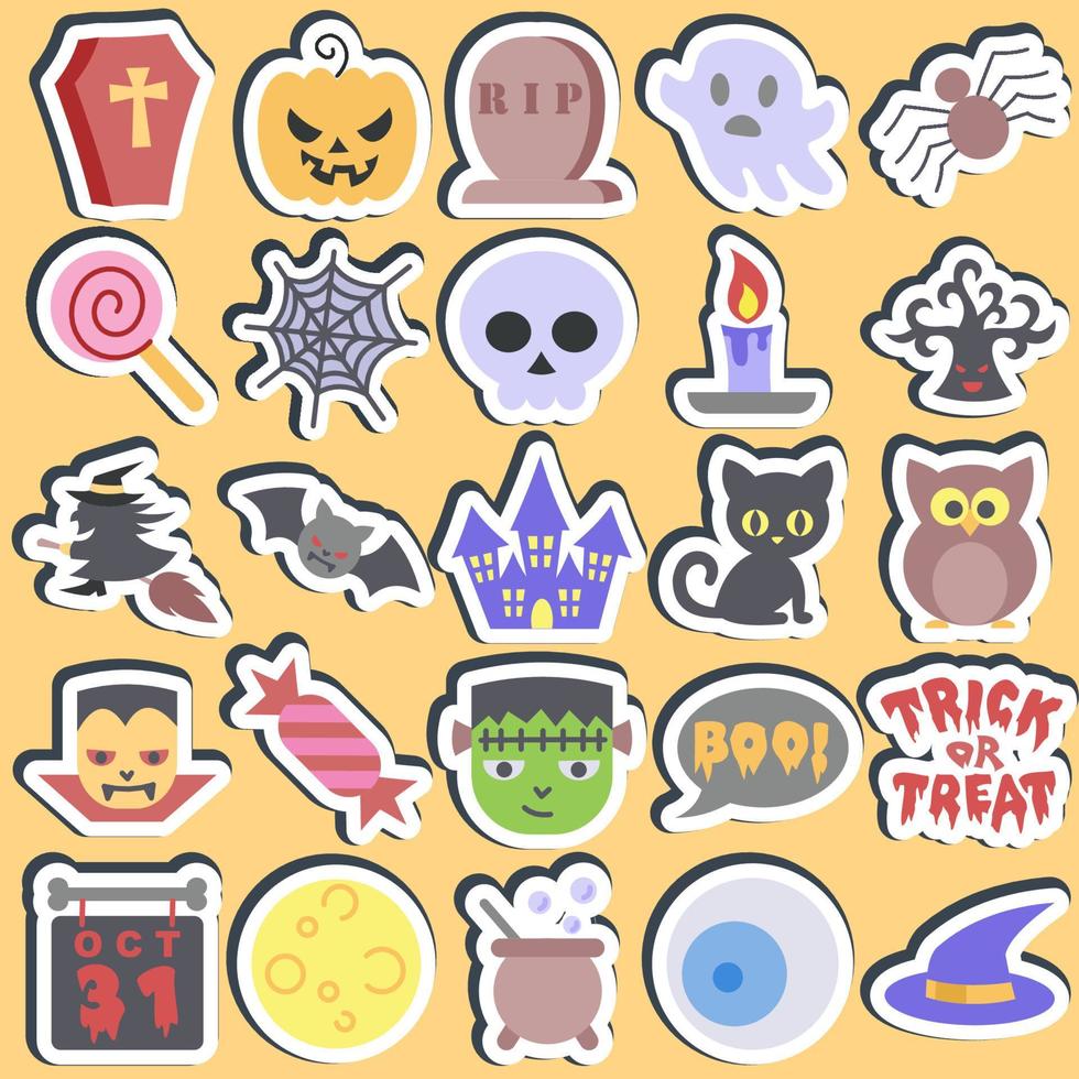 conjunto de pegatinas elementos de halloween. bueno para impresiones, folletos, carteles, anuncios, logotipos, decoración de fiestas, tarjetas de felicitación, etc. vector