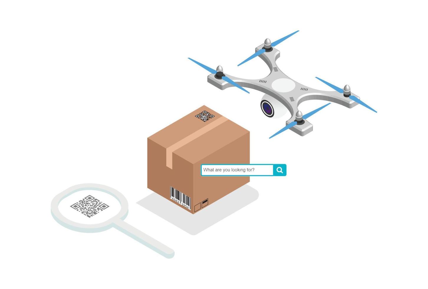 Parcel package order tracking flat 3d isometric business online store shop delivery concept web vector illustration. Big box on magnifier and micro customers. Creative people collection.