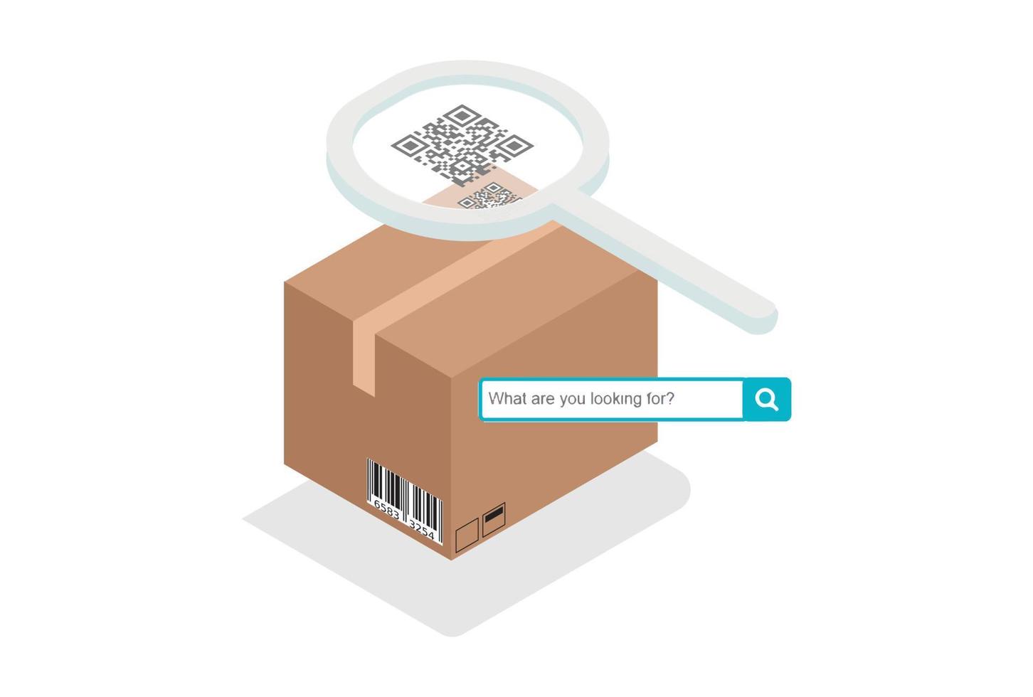 Parcel package order tracking flat 3d isometric business online store shop delivery concept web vector illustration. Big box on magnifier and micro customers. Creative people collection.