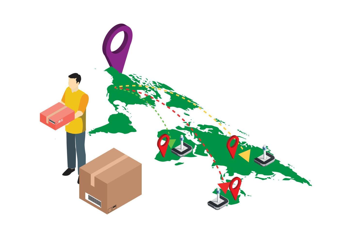 Tracking shipment worldwide search flat 3d isometric online order shipping business concept web vector illustration. World map and box route . Creative people collection.