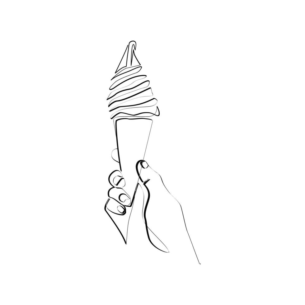 Vector illustration of hand holding ice cream drawn in line art style
