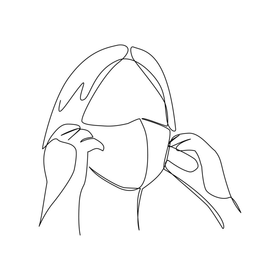 Vector illustration of a person putting on a mask drawn in line-art style