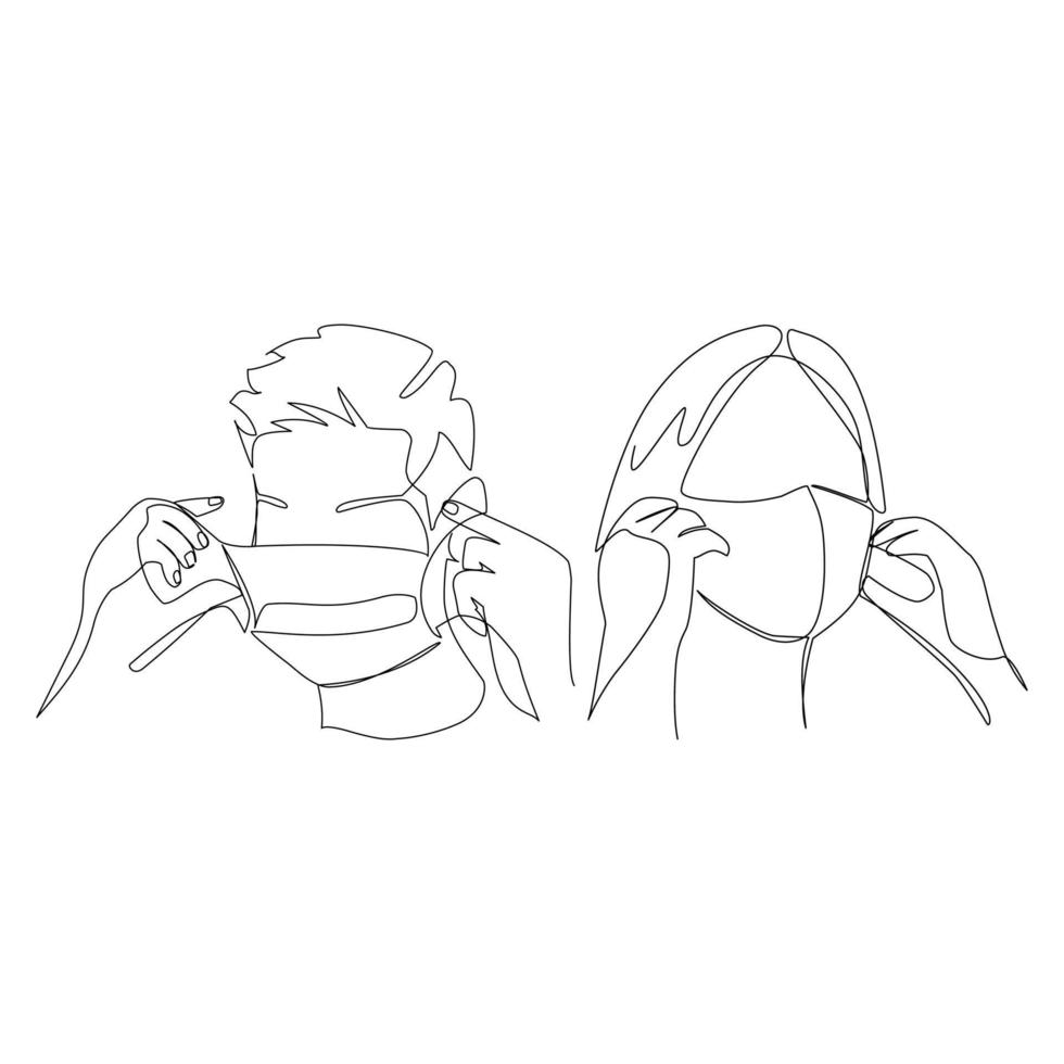 Vector illustration of a person putting on a mask drawn in line-art style