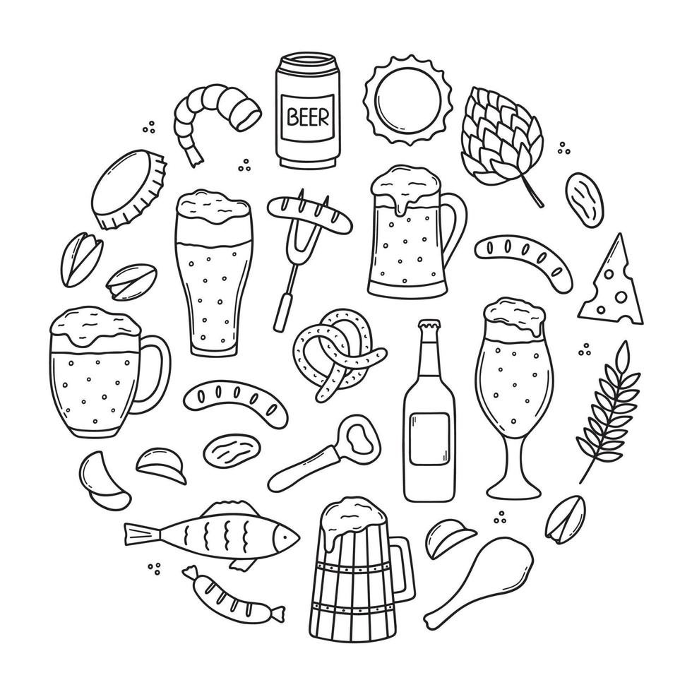 Hand drawn set of beer and snacks doodle. Brewery in sketch style. Vector illustration isolated on white background