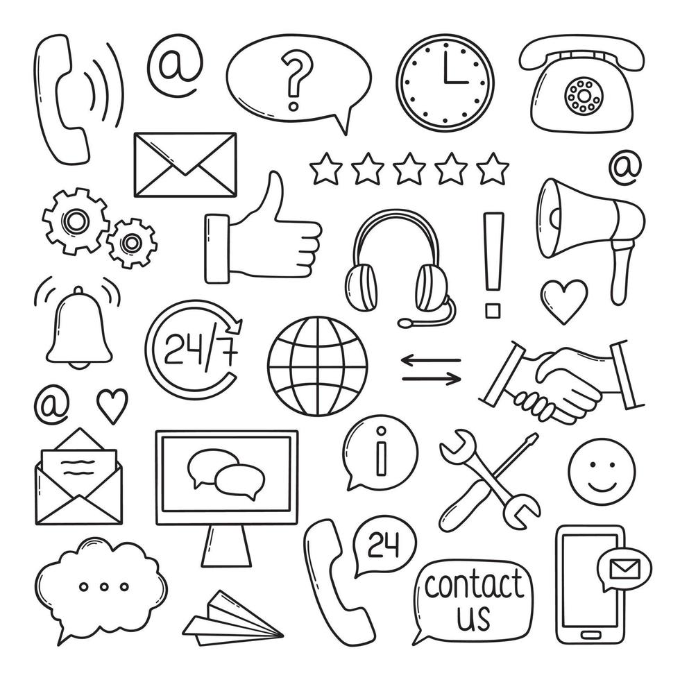 Hand drawn set of customer service doodle icons. Client support, call center in sketch style. Hotline symbols. Phone, clock, shaking hands, headphones. vector