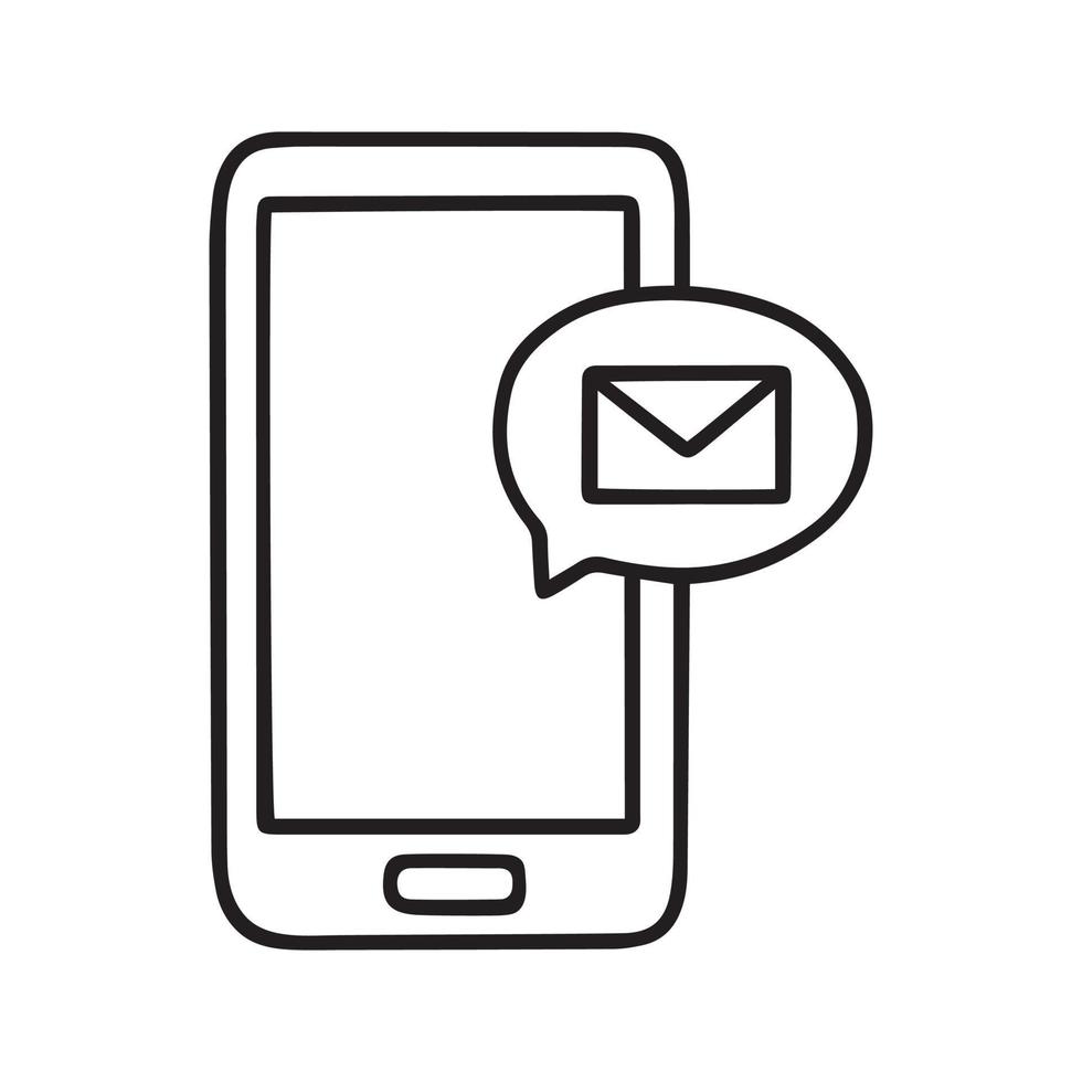 teléfono inteligente dibujado a mano con un nuevo mensaje de correo electrónico icono de garabato ilustración vectorial aislado en fondo blanco vector