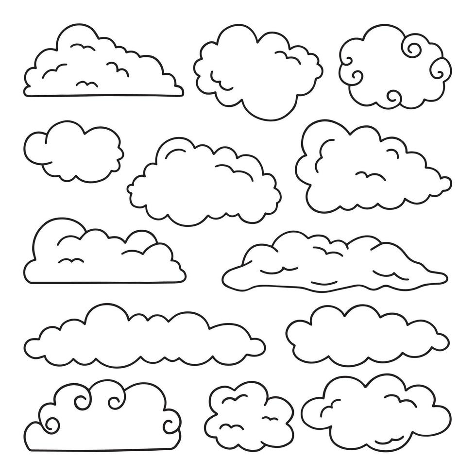 conjunto dibujado a mano de iconos de garabatos de nubes. cielo en estilo boceto. ilustración vectorial aislado sobre fondo blanco vector