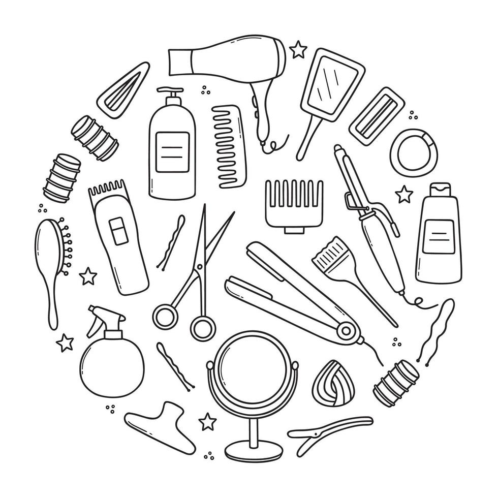 Hand drawn set of Hair salon doodle. Hairdressing tools in sketch style. Vector illustration isolated on white background.