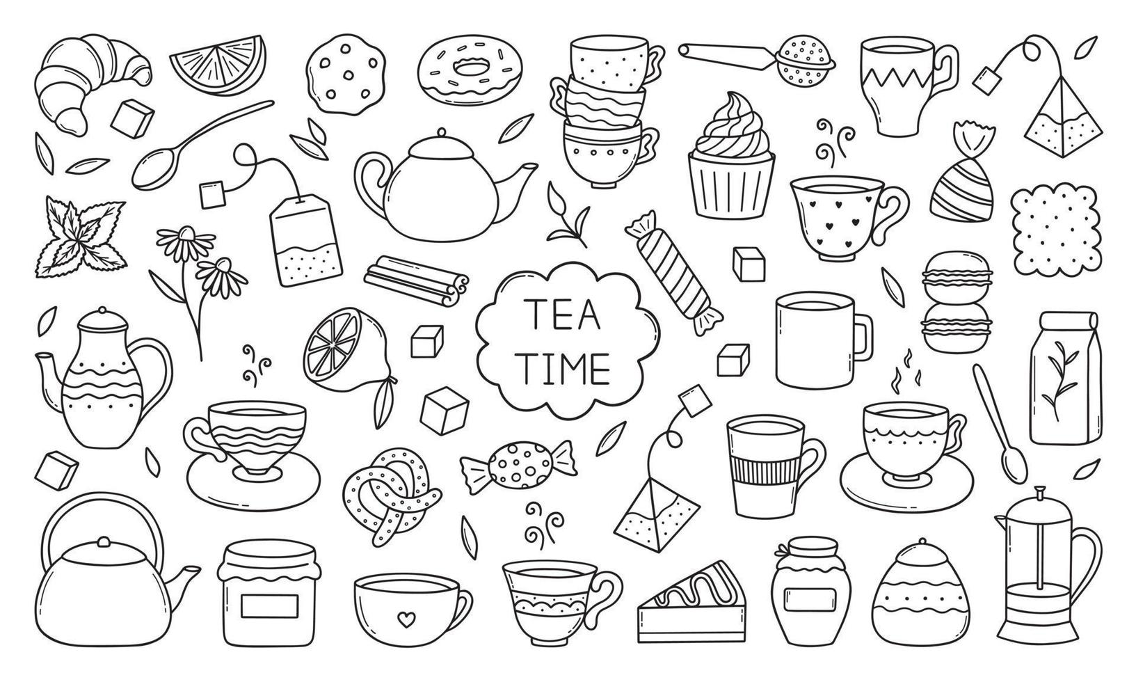 Hand drawn set of Tea time doodle icons. Teapots, cups, lemon and sweets in sketch style. Vector illustration isolated on white background