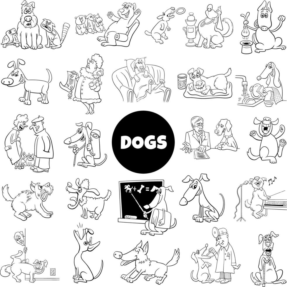 dibujos animados perros y cachorros personajes conjunto página para colorear vector