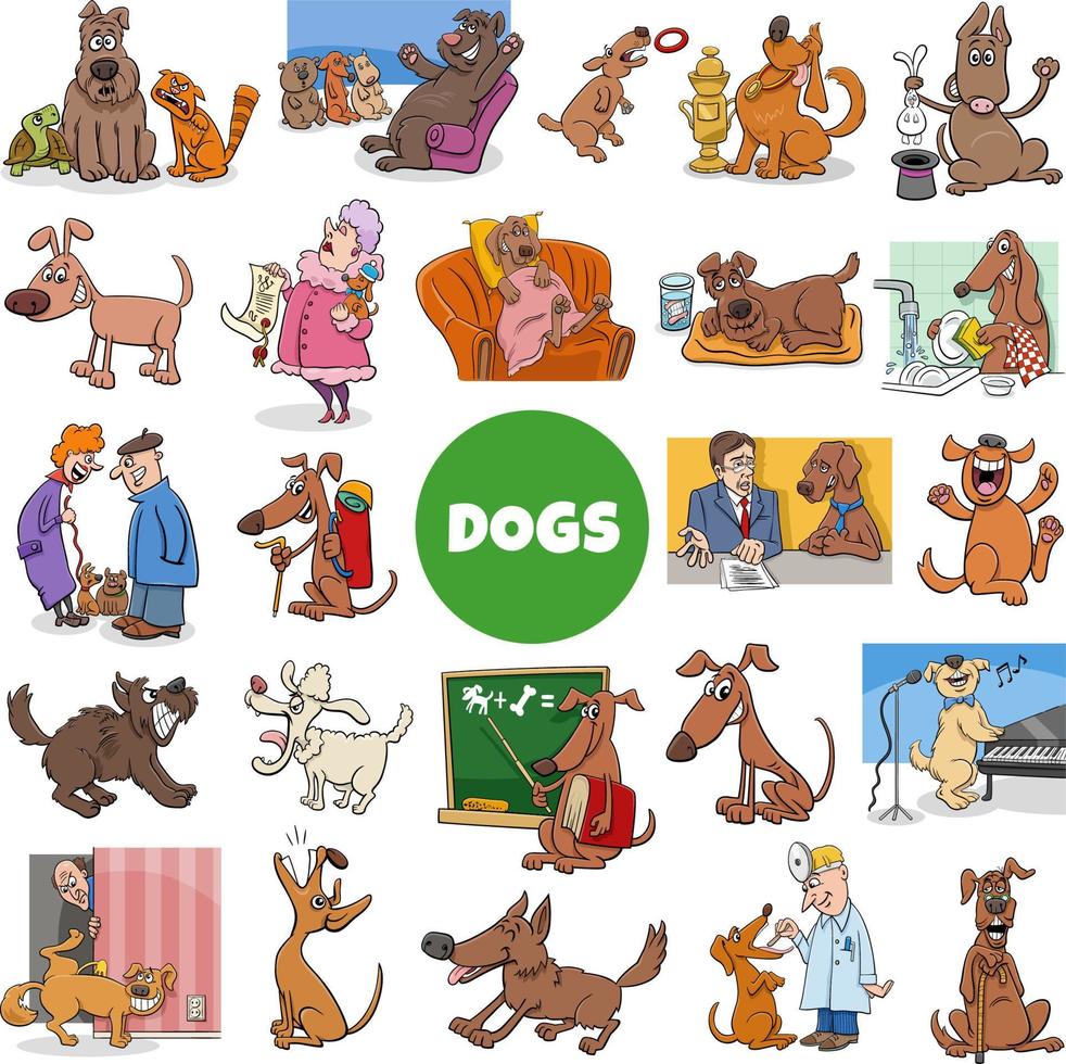 cartoon dogs and puppies comic characters big set vector
