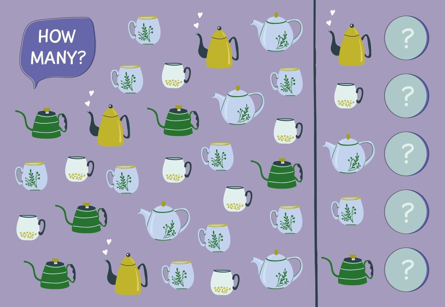 Educational game for children. I spy game. Find and count different elements. Pottery theme. Counting activity for kids. vector