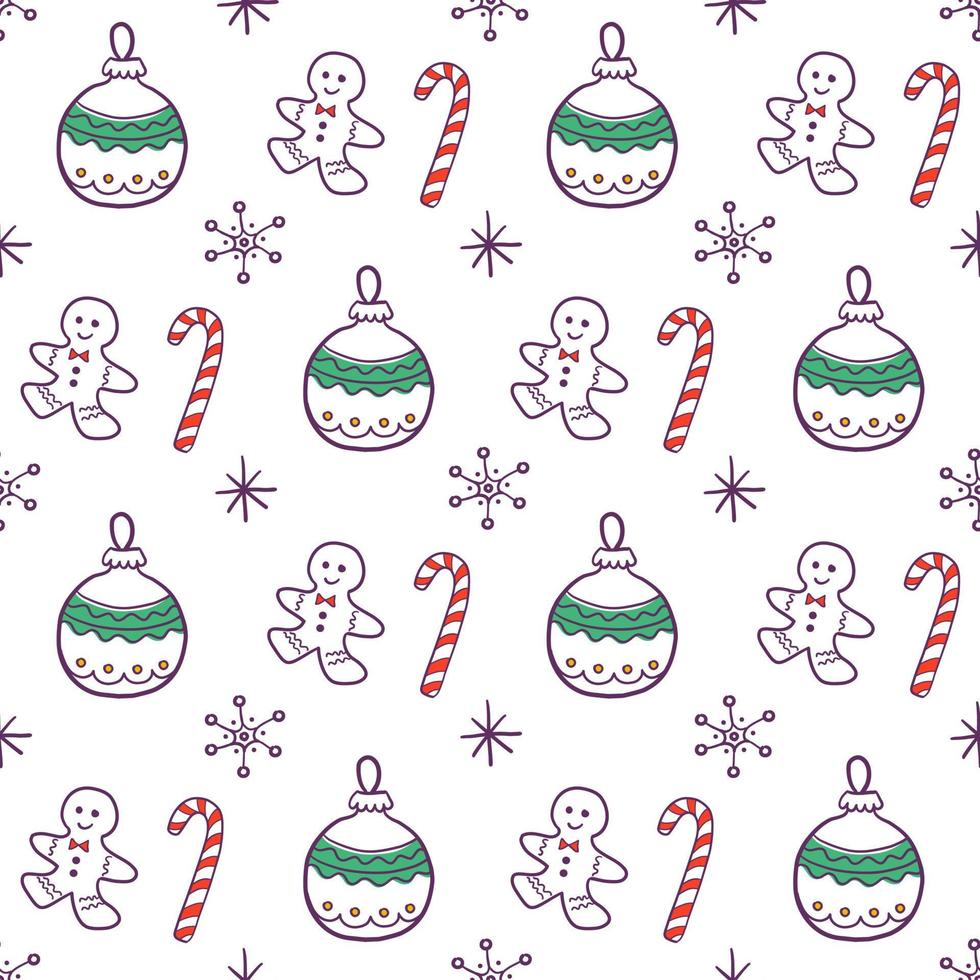 Seamless doodle style Christmas pattern. Cute background with Christmas or New Year elements. Vector illustration for wrapping paper, fabric, textile, scrapbooking.