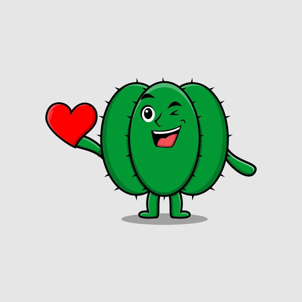lindo personaje de cactus de dibujos animados con un gran corazón rojo vector